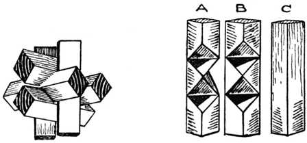 Fig. 395.—Diagonal Chinese Cross Puzzle. (Two Pieces required of A, Three of B and One of C.)