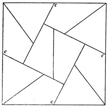 Fig. 399.—Ten-piece Square Puzzle. (For     Guidance in Setting Out, the Centre     of the Four Outlines are lettered at     C, C, C, C.)